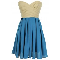 Leatherette and Chiffon Strapless Dress in Teal/Beige